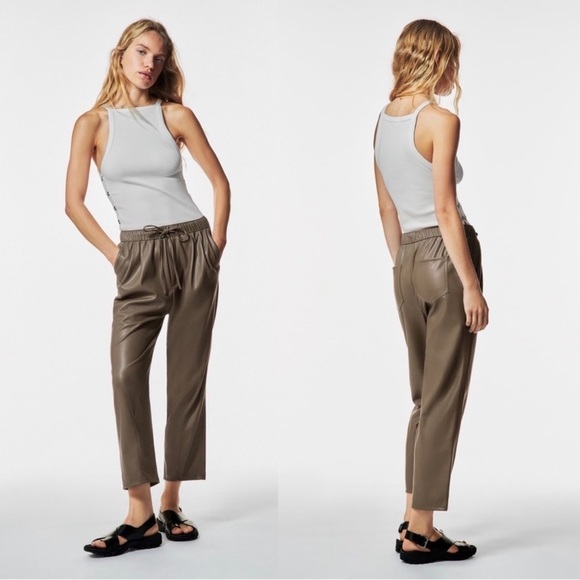 Zara Brown Faux Vegan Leather The Weekend Trouser Pants Size Medium - Picture 2 of 16